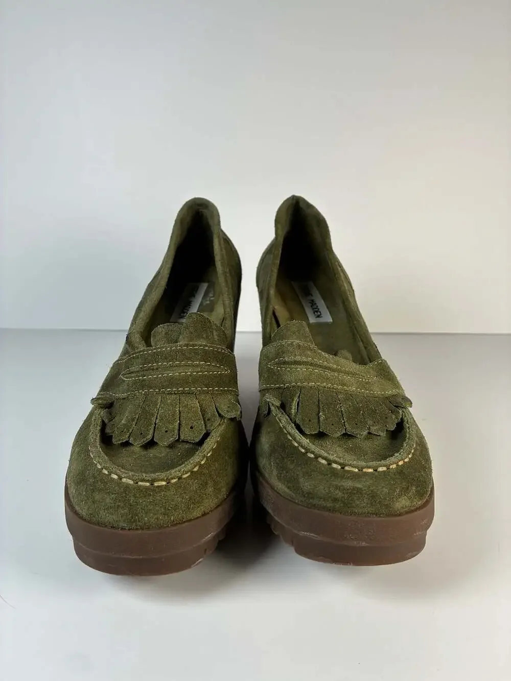 Steve Madden Olive Green Suede Fringed Wedge Loafer Pumps